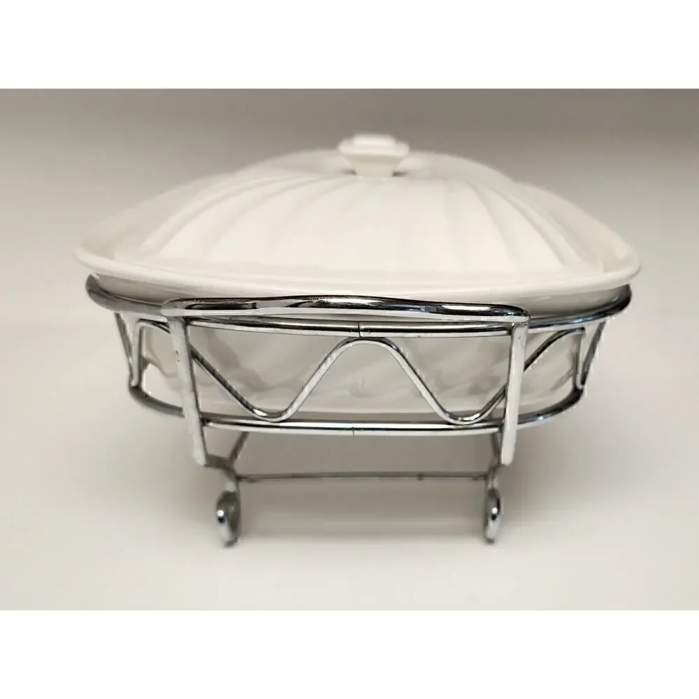 Godinger Rare Vintage 2 Quart Rectangular Covered Porcelain Baker W/Serving Rack